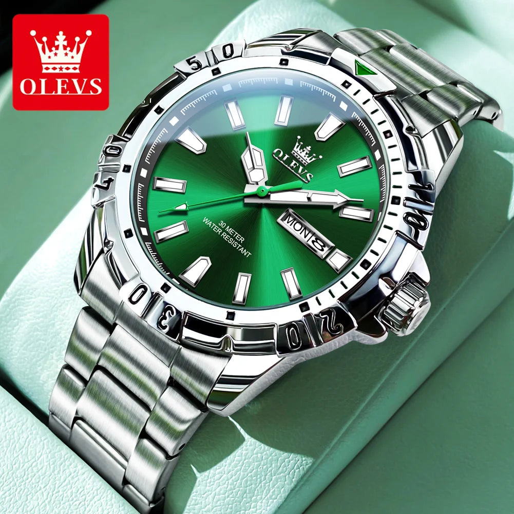 OLEVS Diving Series Quartz Wrist Watch for Men Stainless Steeel Waterproof Luminous Auto Date/Week Men'S Watches Rolex Style